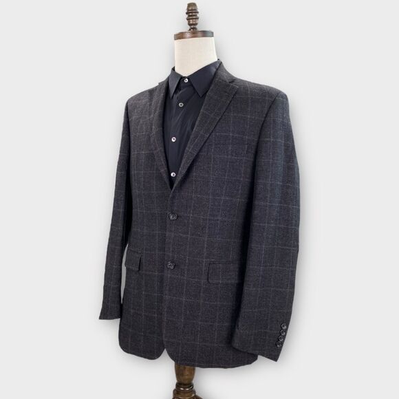 Jos A Bank Blazer Mens 40L Silk Wool Tailored Fit Charcoal Windowpane Check - Picture 2 of 13